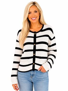 Universal Thread Black White Striped Crochet Knit Cardigan XL NWT